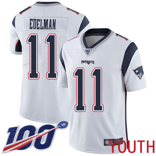 New England Patriots Football #11 100th Season Limited White Youth Julian Edelman Road NFL Jersey->youth nfl jersey->Youth Jersey